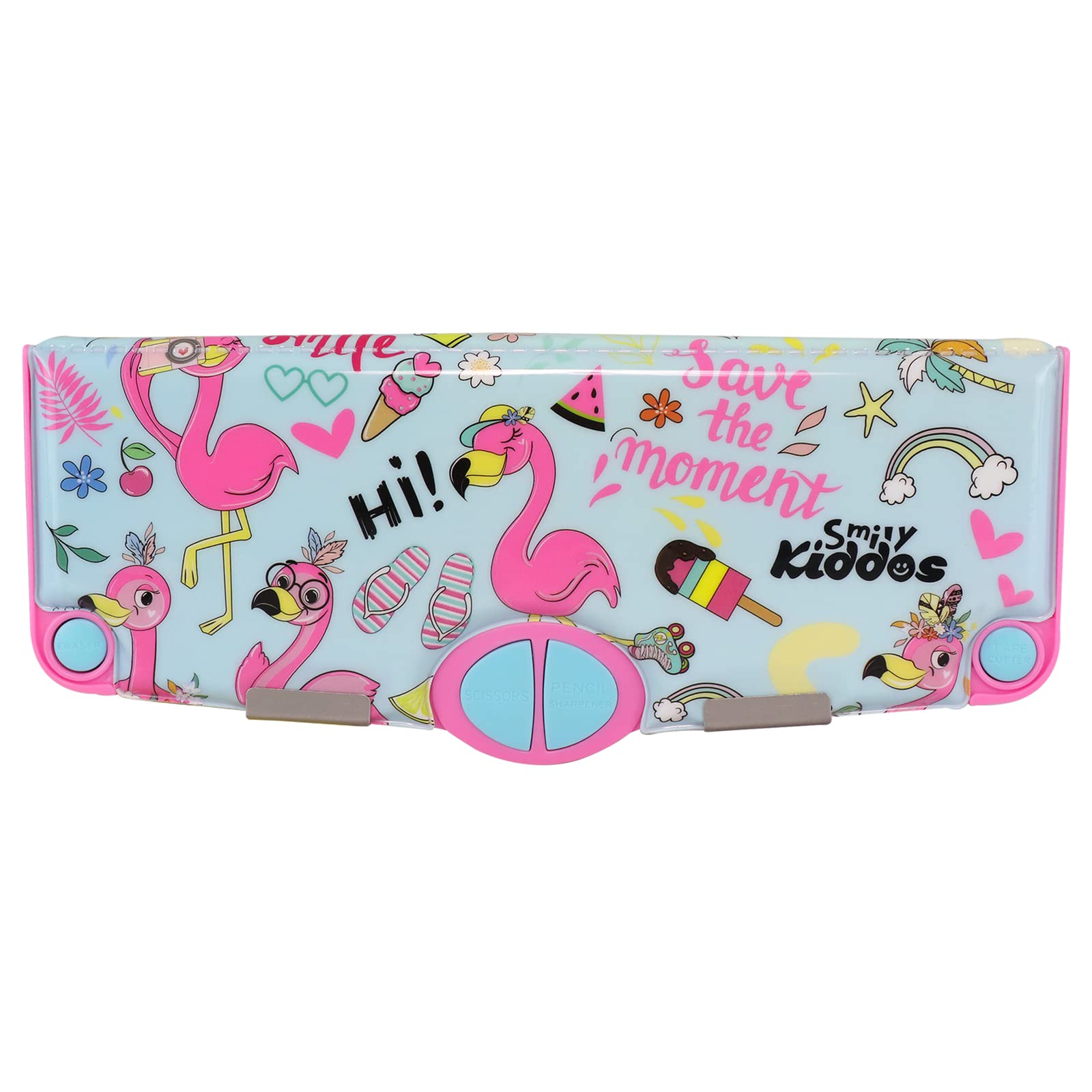 Smily Kiddos Multi Functional Pop Out Pencil Box for Kids Stationery for Children - Flamingo Theme - Light Blue