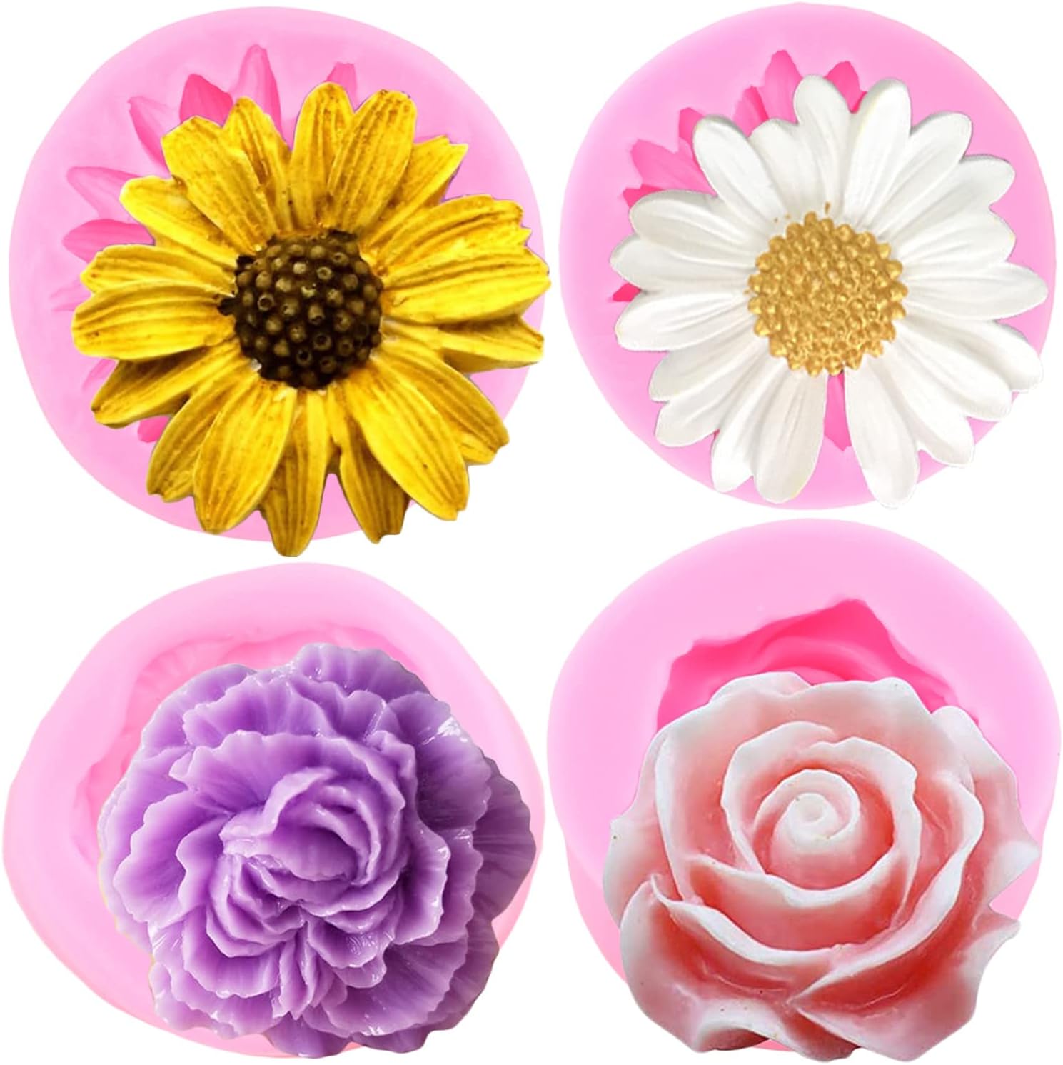 Chrysanthemum Flower Silicone Mold Rose Flower Fondant Mold Daisy Peony Flower Mold For Cake Decoration Cupcake Topper Candy Polymer Clay Chocolate Gum Paste Set Of 4