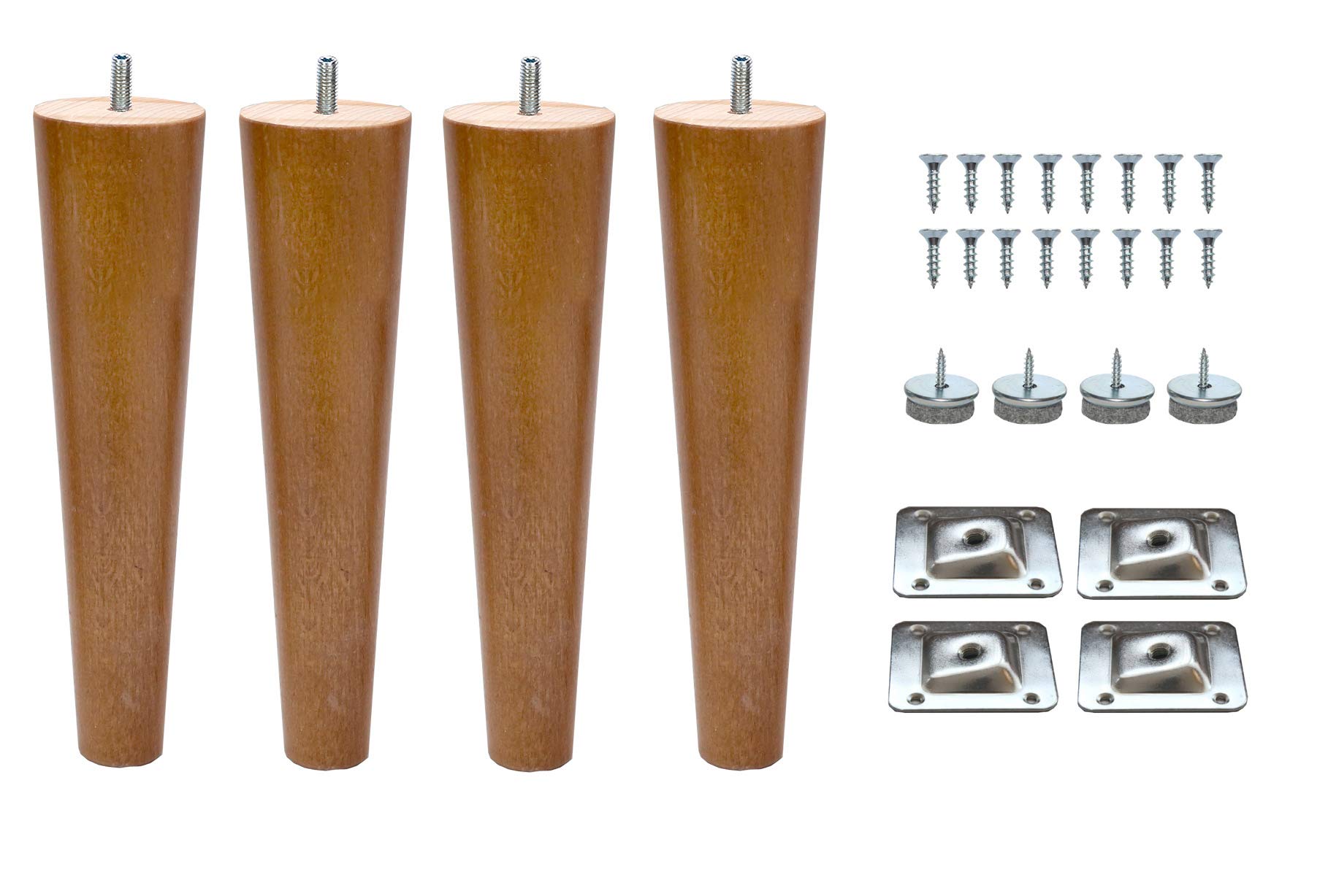 8’’ Wooden Tapered Cone Furniture Replacement Legs Sand Oak M8 Thread Angled Mounting Plates Protective Felt Pads Set of 4 Legs for Sofa Cabinet Footstool Chair Bed Ottoman 20 CM — image 1