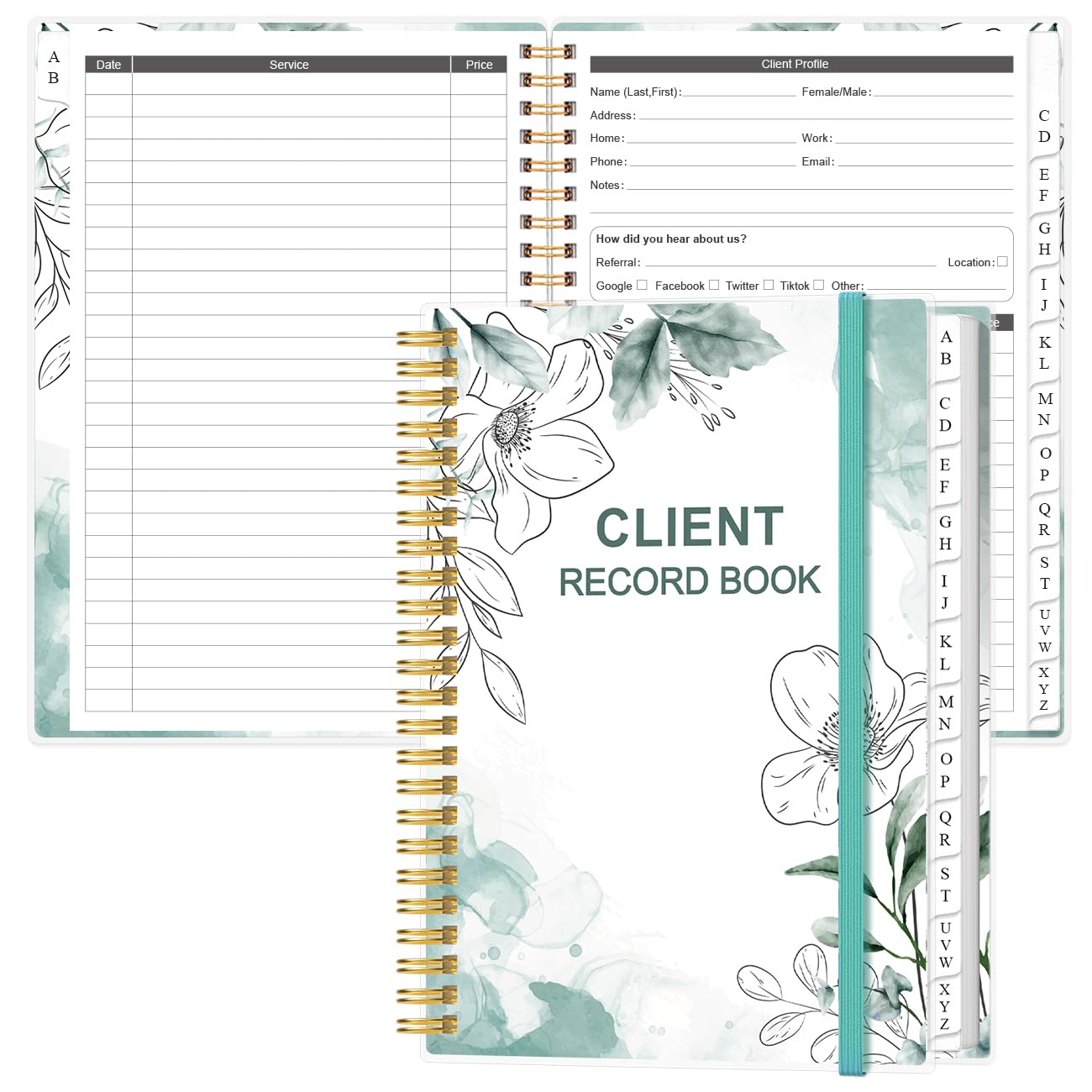 Client Record Book - Hair Stylist Client Profile Book-Binder and Client Record Cards with A-Z Alphabetical Tabs for Salons, Hair Stylist, Nail, Small Business, Teal Floral