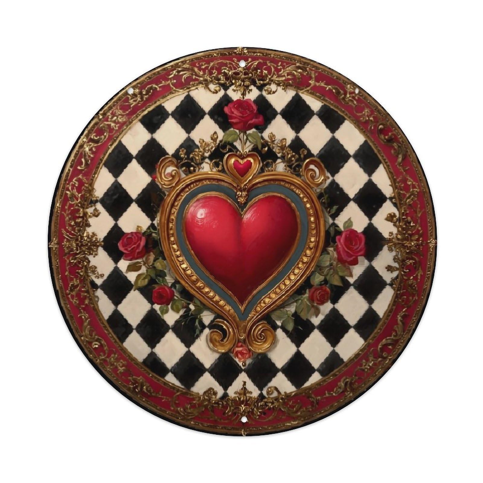 Red Heart Checkered Rose Pattern Vintage Metal Tin Sign Retro Wall Decor for Home Bar Garage Cafe, Indoor & Outdoor Decorative，circle Metal Poster, 8x8 Inch