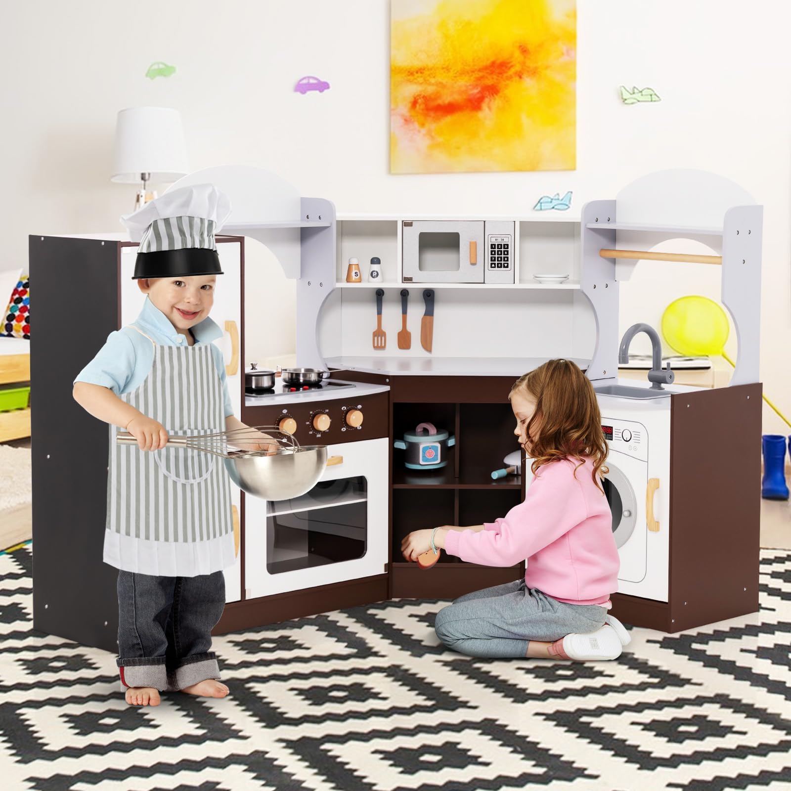 GOPLUS Eck Spielküche aus Holz, Rollenspielküche für Kinder mit Eismaschine, Mikrowelle, Herd, Ofen, Spüle, Waschmaschine, Kinderküche mit Lichtern und Geräuschen für Kinder ab 3 Jahren