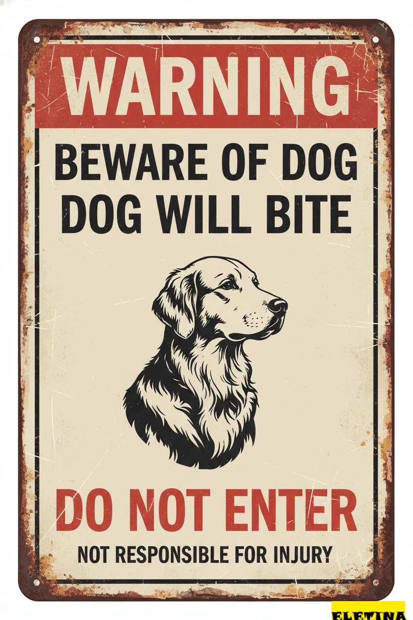 Warning Dog Will Bite Golden Retriever Tin Sign, 8x12 Inch