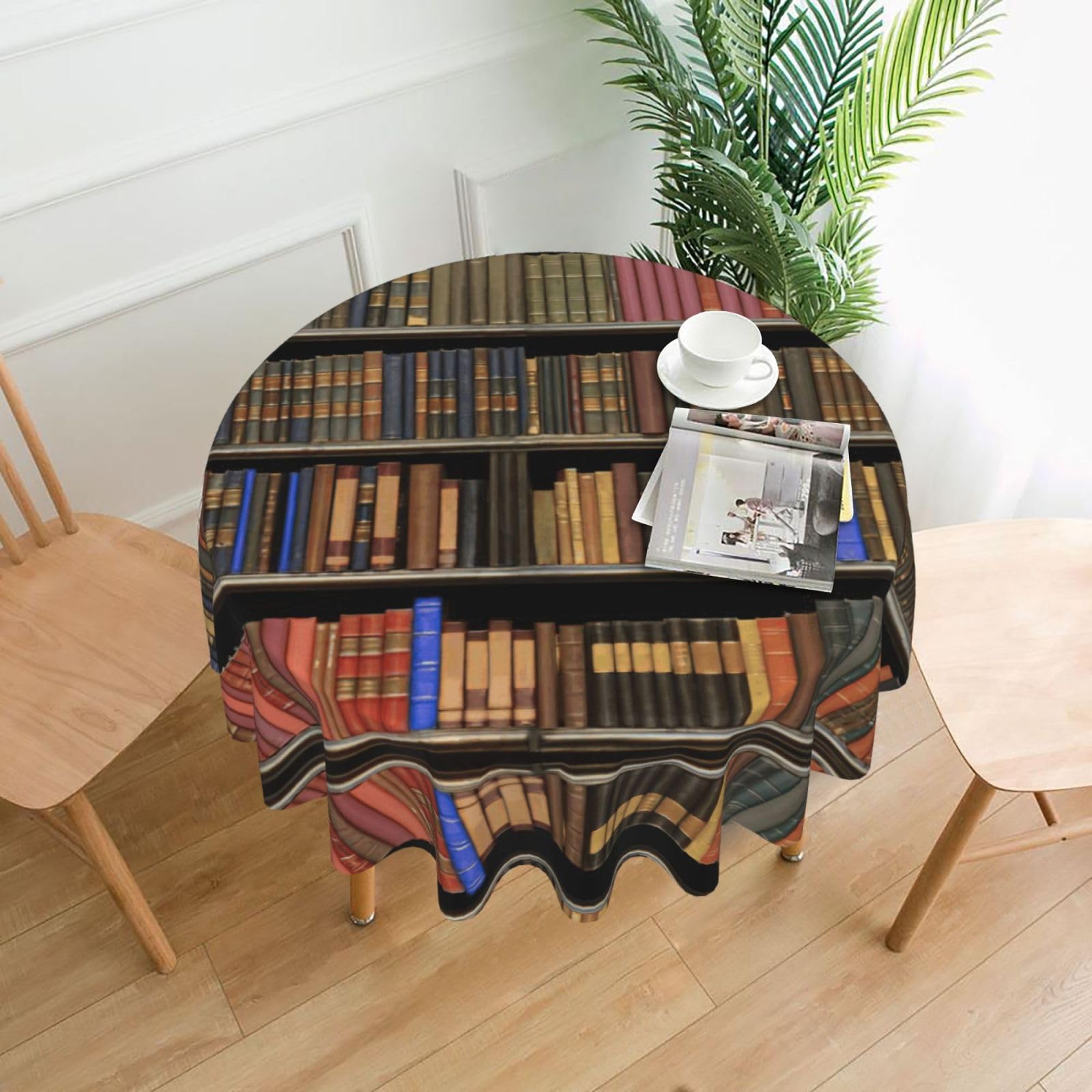 Uusnwaa Library Bookshelf Print Round Tablecloth 60 Inch, Stain Wrinkle Resistant Washable Polyester Table Cover For Kitchen Party