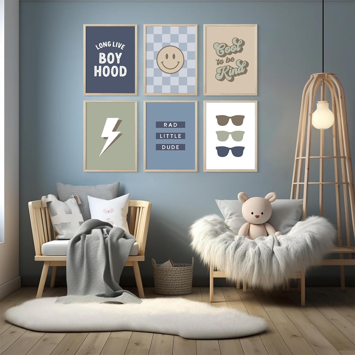 Boy Nursery Wall Art Decor Toddler Baby Boy Room Canvas Pictures Blue Cool Nursery Poster Teen Playroom Prints Long Live Boyhood Artwork for Kids Bedroom 12x16 Inch Wood Framed Set of 6