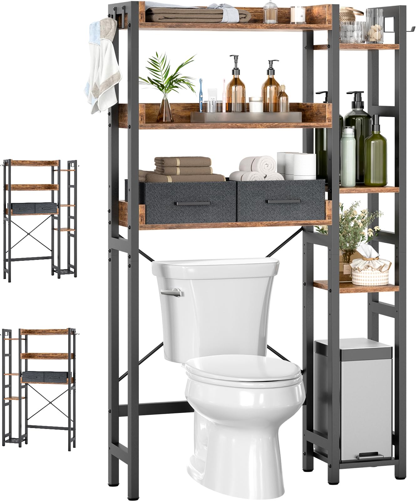 iSunirm Waschmaschinenregal mit 2 Schubladen – 7-stöckiger Toilettenregal mit verstellbarem Regal, Toilettenregal mit 4 Haken für Bad und Waschküche, Rustikales Braun