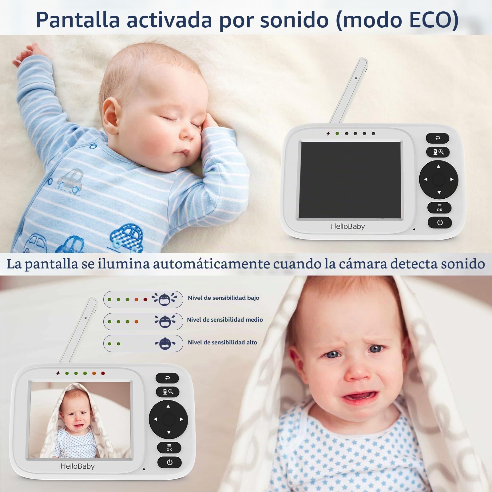 HelloBaby Camara Vigilancia Bebe Vigilabebes con Camara con Pantalla 3.2" IPS, Baby Monitor Sin WiFi,Visión Nocturna, Cable de Carga USB, VOX, Despertador, Zoom 2X, 8 Idiomas, Alcance de 300m