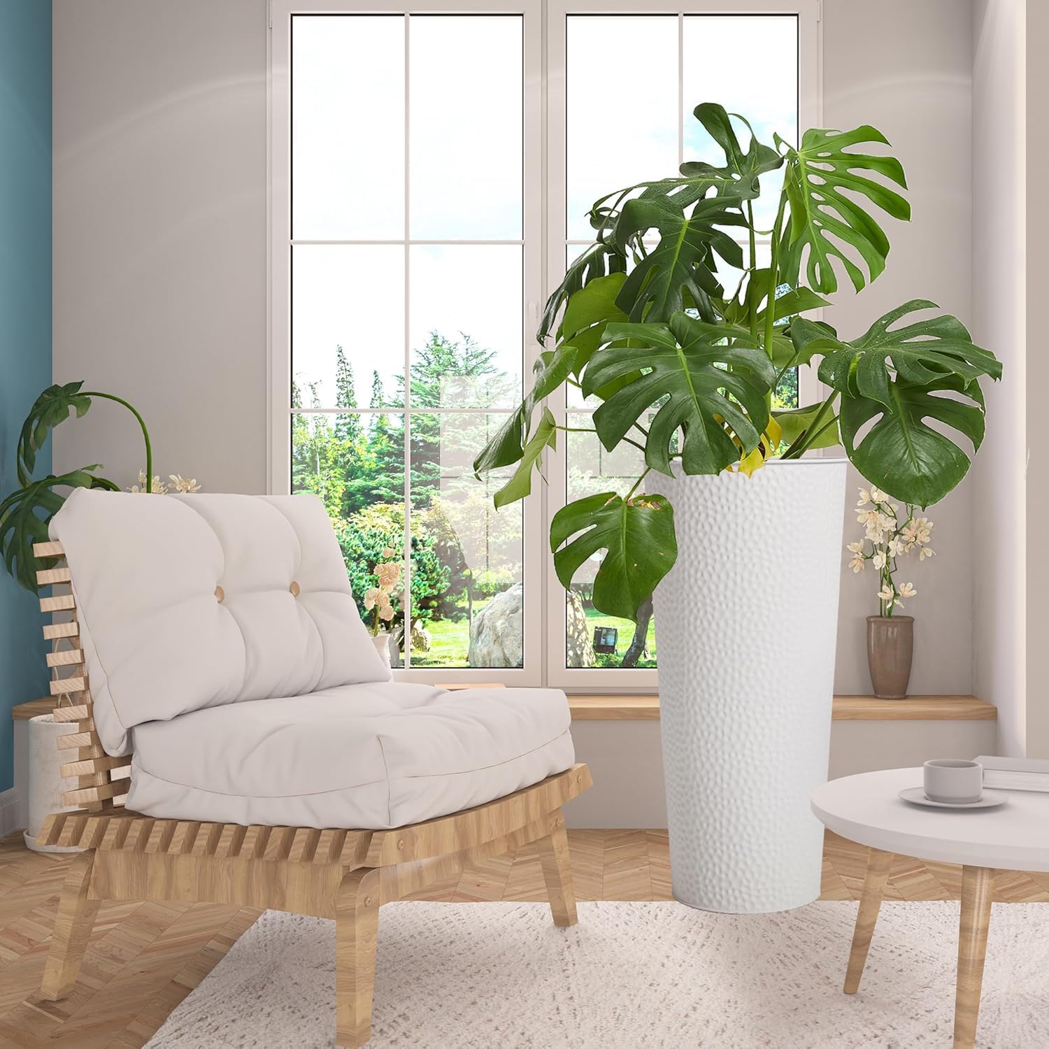 Metal Planters with Inner Pots Hand Hammered Tall Plant Containers for Indoor/Outdoor, Garden, Patio, Porch, Balcony Large Decorative Flower Pots, Modern Plant Stands (1, White)