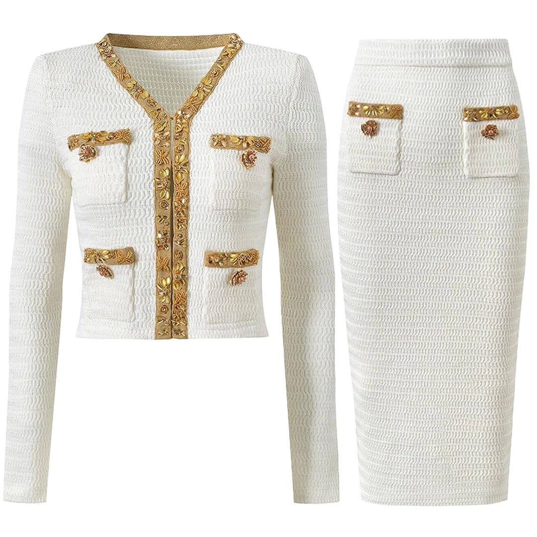 Women Long Evening Dresses 2 Piece Skirt Suits Beading Knitting Cardigans Sweater Pencil Sets
