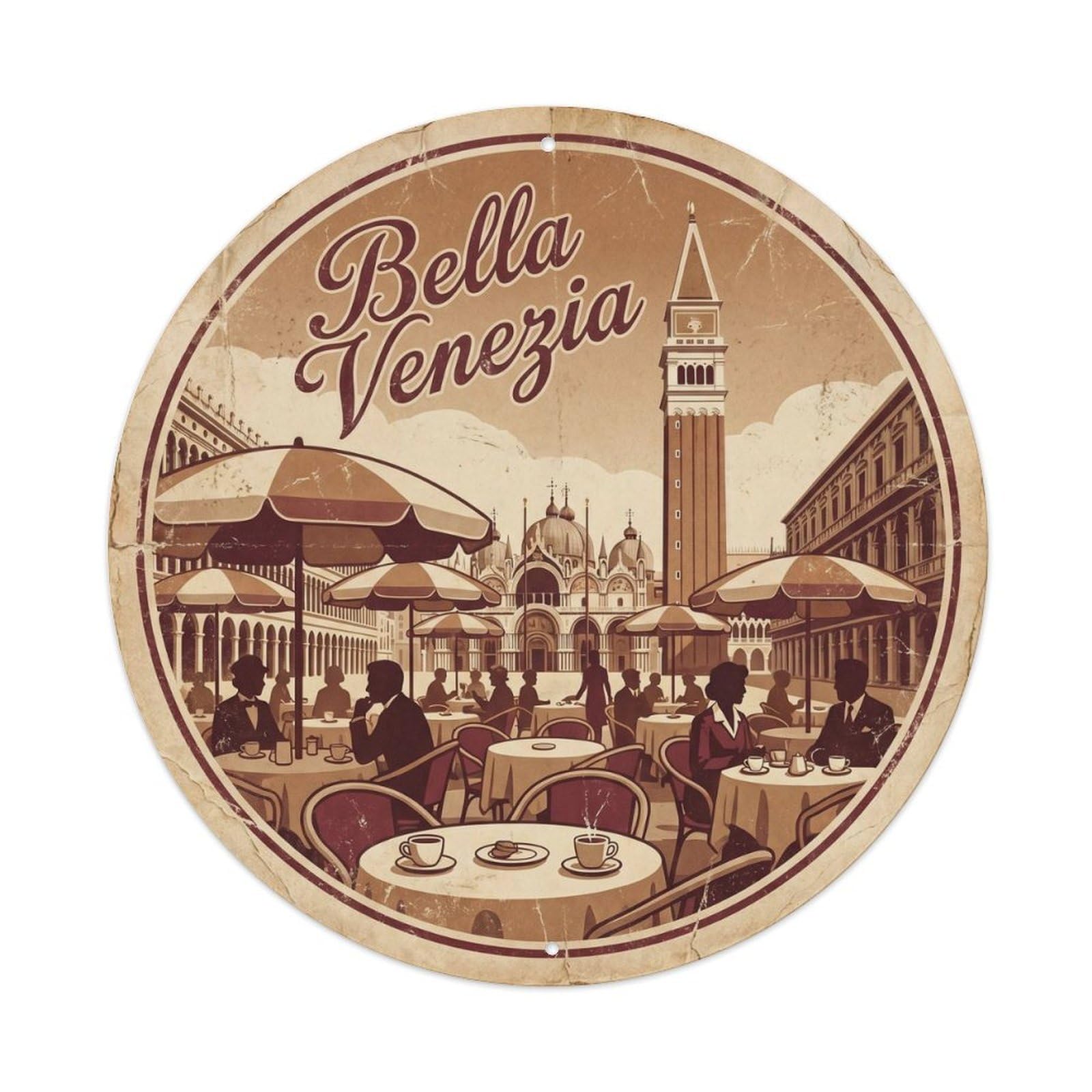 Classic Venetian City Square Destination Scenic Landmark Metal Tin Sign Plaque Wall Decor for Cafe, Man Cave, Club Bar, Office, Home Garden Round Metal Poster 8x8Inch
