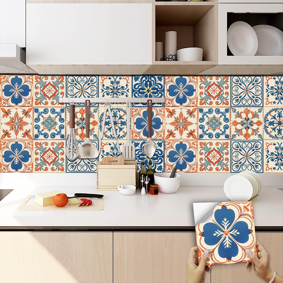 Moroccan Tile Stickers for Kitchen， Self Adhesive Waterproof Oil Proof PVC Tile Stickers for Kitchen Bathroom Multiple Sizes(10 Pcs/20x20cm)