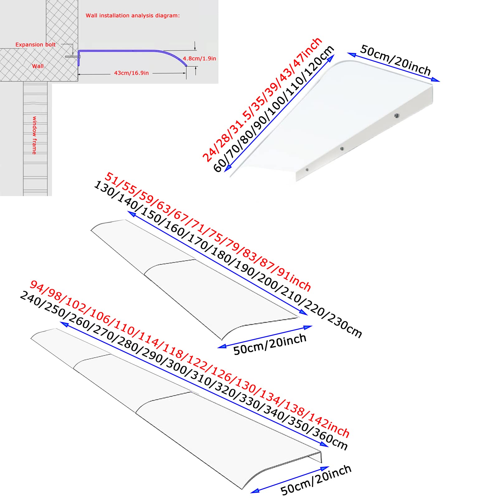 Marquesina Arqueada de Metal,Marquesina de Techo Protección Uv/Impermeable,Tejadillo de Protección Toldo Cubierta de Policarbonato Transparente de 3.5 Mm de Grosor (50x90cm/20"x35")
