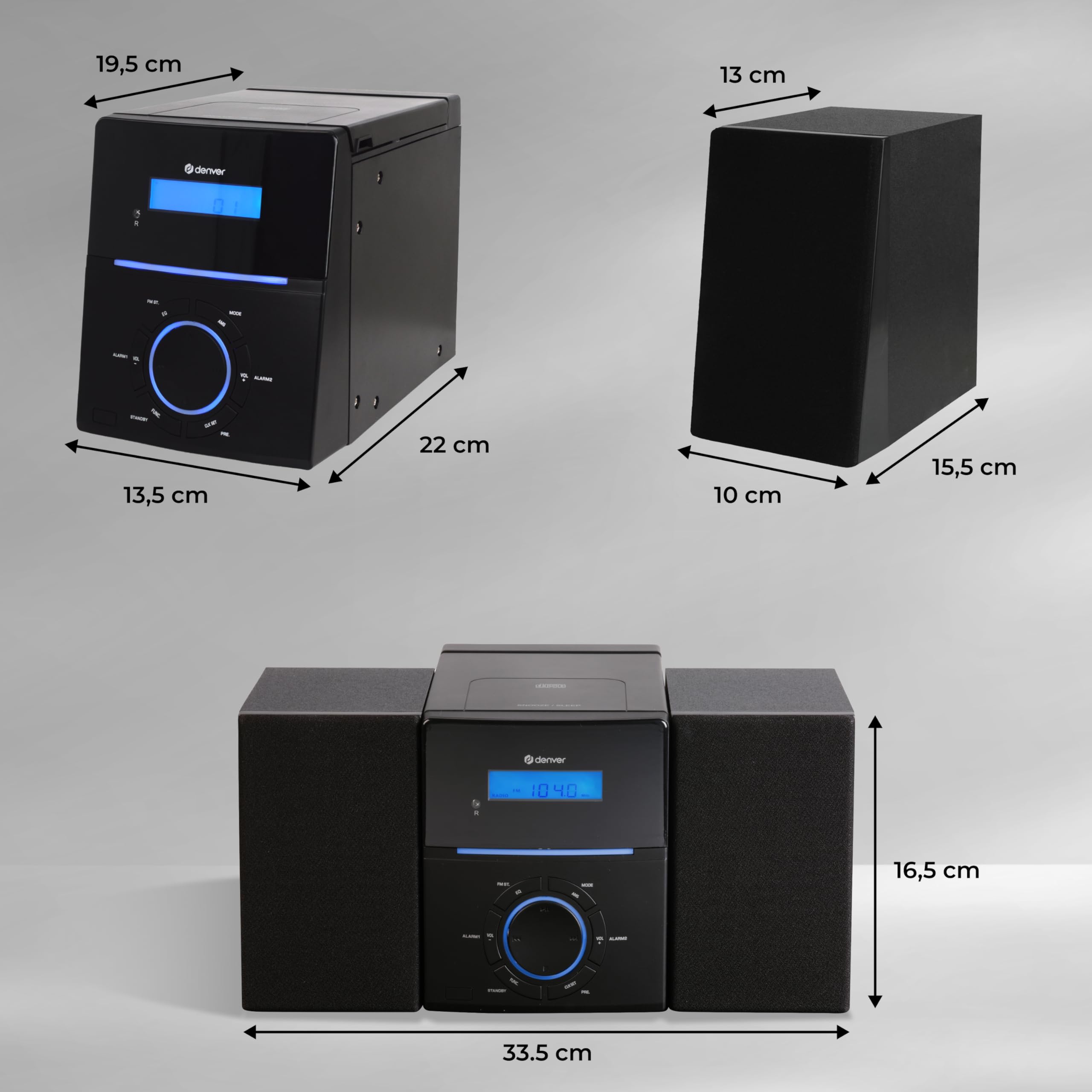 Denver MCA-240 Micro HiFi System – odtwarzacz CD, radio FM, złącze AUX – funkcja podwójnego alarmu i pilot zdalnego sterowania – kompaktowy system stereo z CD | moc 2 x 20 W