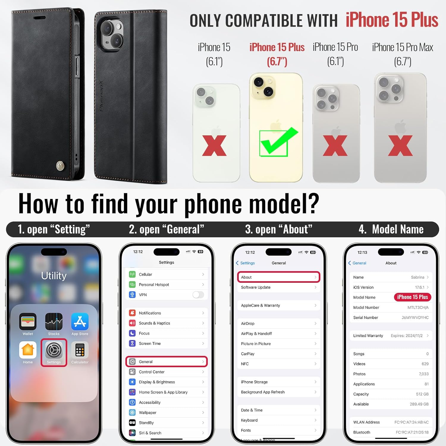 Wallet Case for iPhone 15 Plus Compatible with Magsafe, 2-in-1 PU Leather Flip RFID Blocking Card Holder Stand Shockproof Magnetic Detachable Cover for iPhone 15 Plus Case 6.7", Black