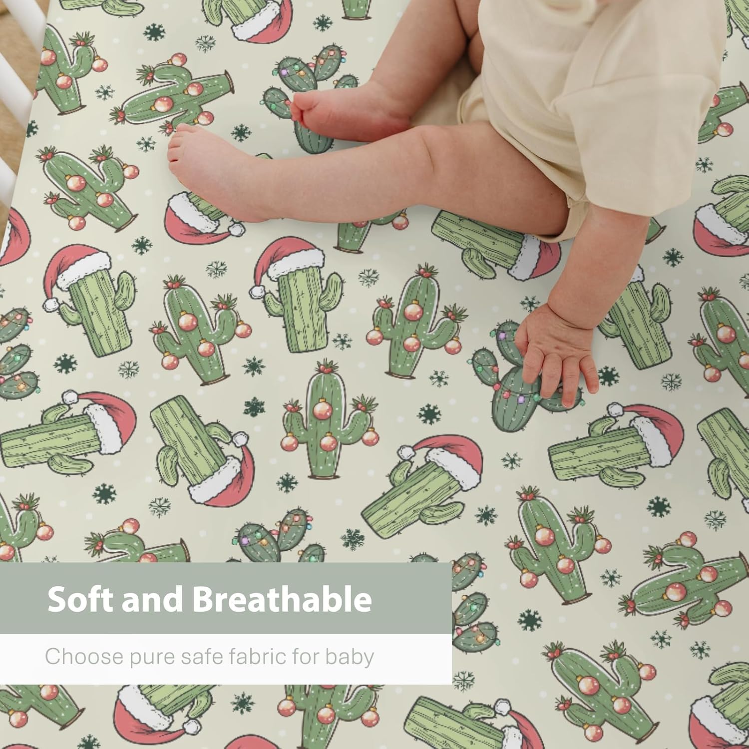 Christmas Cactus Santa Hat Baby Crib Sheets for Boy Girl 52x28Inch Green Cactus Balls Snowflakes Soft Snug Fitted Crib Mattress Cover West Desert Plant Baby Sheet for Standard Crib & Toddler Mattress