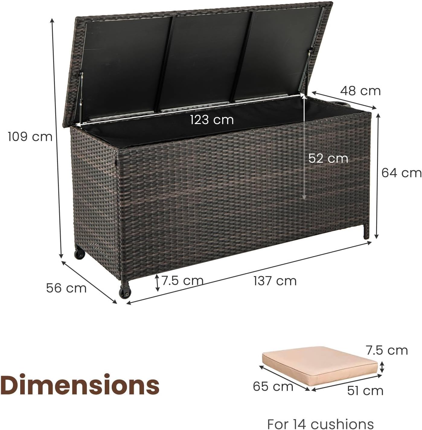 TANGZON 320L Garden Deck Box, Patio Cabinet Container with Polyester Liner, Universal Wheels & Gas Strut, Indoor Outdoor Storage Box for Pillows, Cushions & Tools (with Regularly-Woven Rattan, Brown)