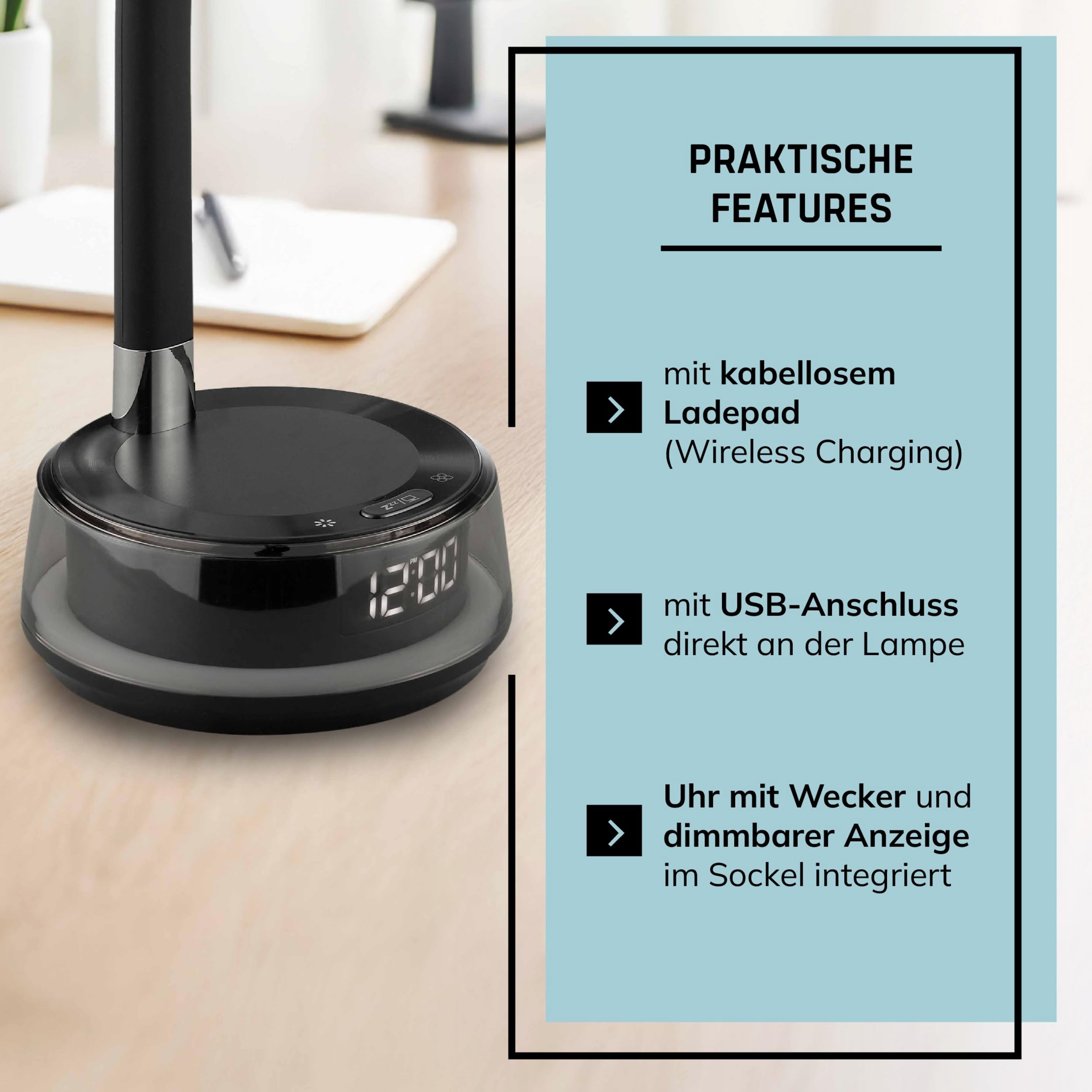 Lightbox LED Schreibtischlampe - dimmbare schwarze Schreibtischleuchte - LED-Tischlampe mit USB - Wireless Charging - CCT - RGB-Lichteffekt