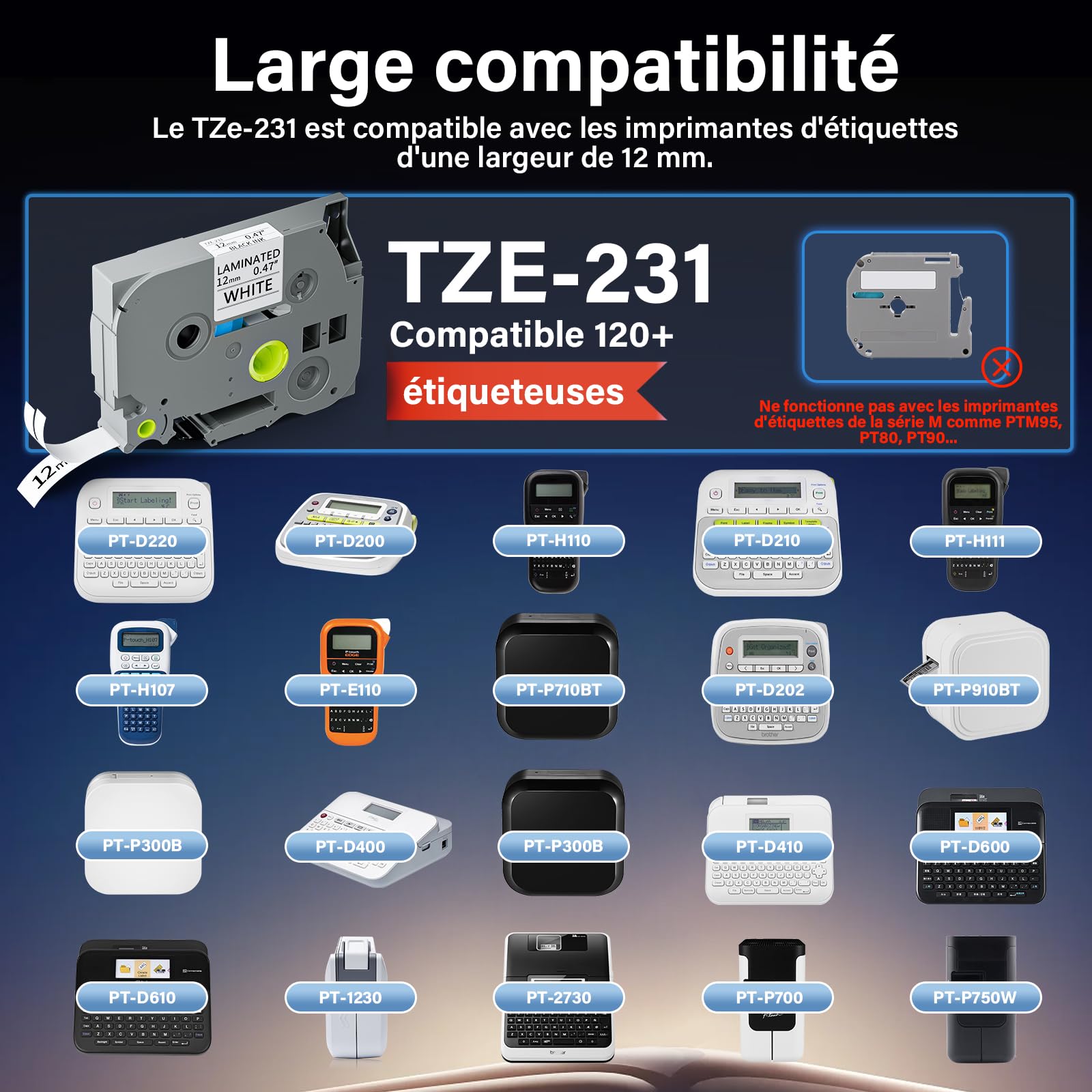 Brother P-touch Tze-231 12mm Ruban Laminé Noir sur Blanc Compatible