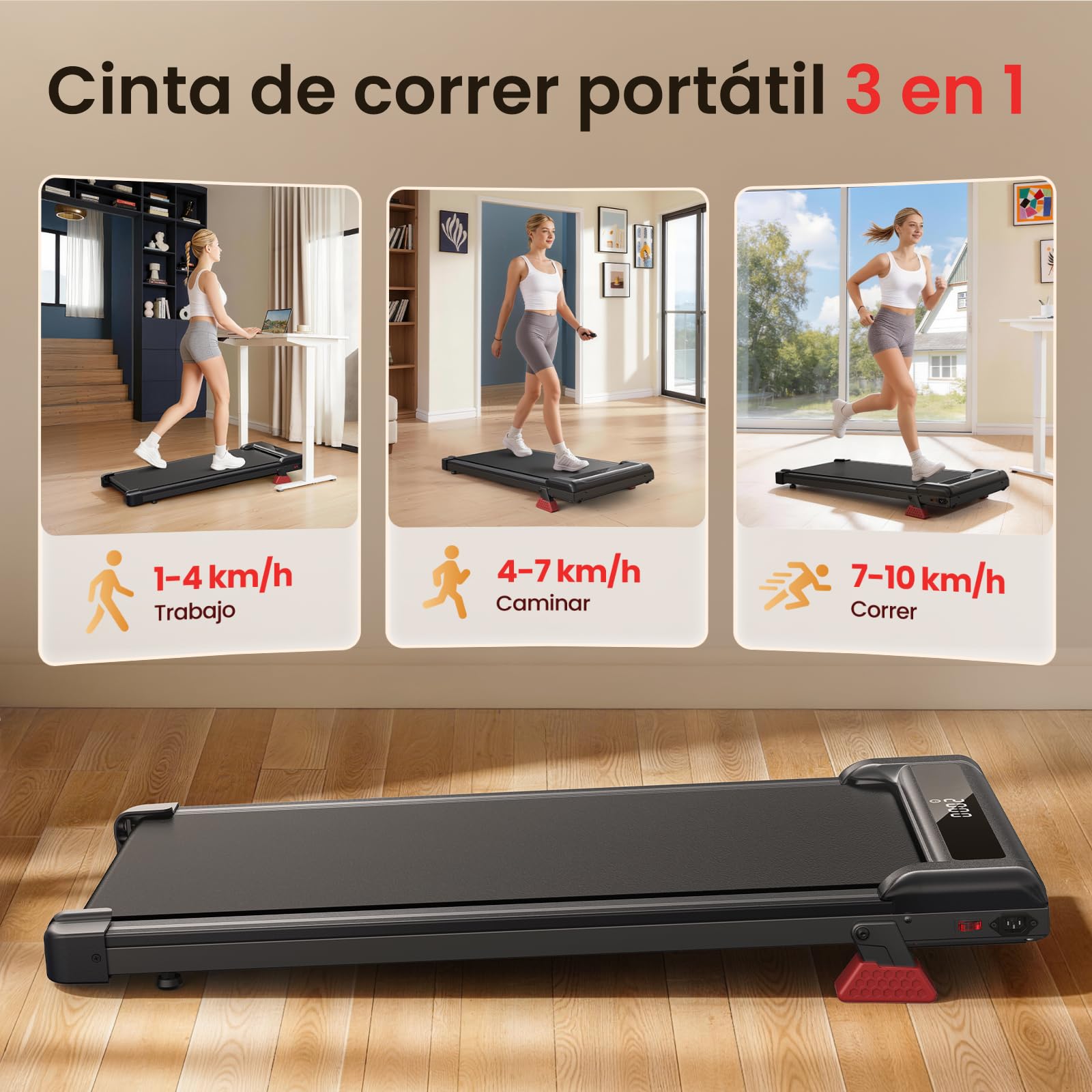 Cinta de Correr y de Andar 3 en 1 Plegable con Inclinación 9%, Caminadora Eléctrica Silenciosa 1-10 km/h, Motor 3,0 CV Sin Escobillas, 140 kg Máx, Pantalla LED, Amortiguación (Negro Mate)