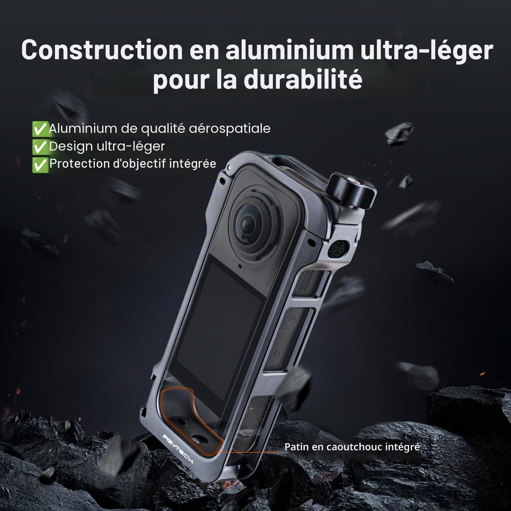PGYTECH Cage de Caméra pour Insta360 X4 Air, Protection Alliage Aluminium avec Verrouillage, Cadre Cold Shoe, Filetages 1/4 Pouce, Cache-Objectif Silicone