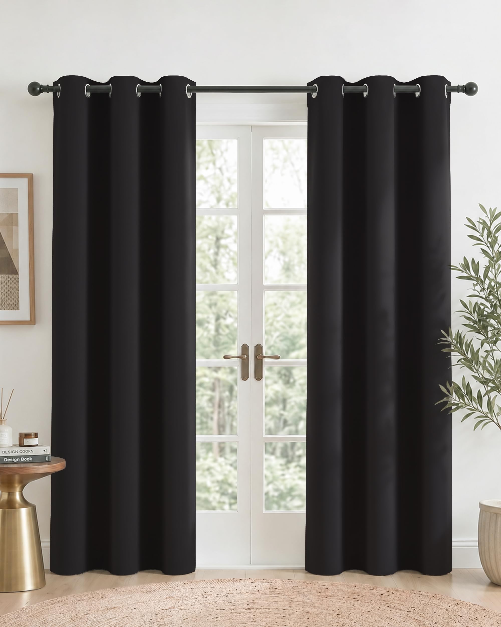 PONY DANCE Black Eyelet Blackout Curtains 90 Drop, Thermal Insulated Room Darkening Drapes for Cinema Room & Patio Door, Essential Energy Saving Privacy Noise Reducing, 2 Panels W42 xL90