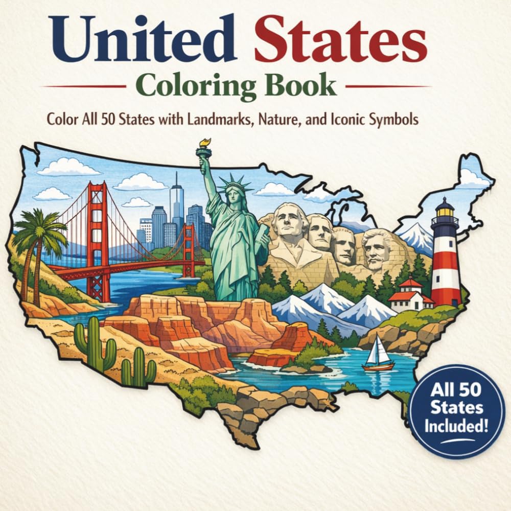 United States Coloring Book: Color All 50 States with Landmarks, Nature, and Iconic Symbols