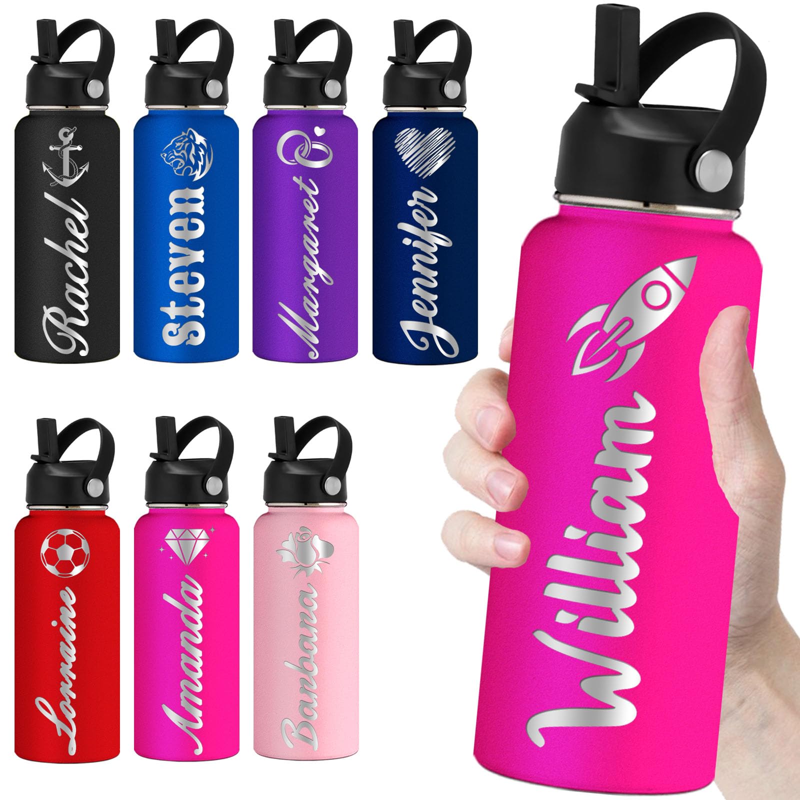 Personalized Water Bottles with Straw 32oz Custom Engraved Water Bottle for School Customized Name Double Wall Insulated-DarkPink — image 1