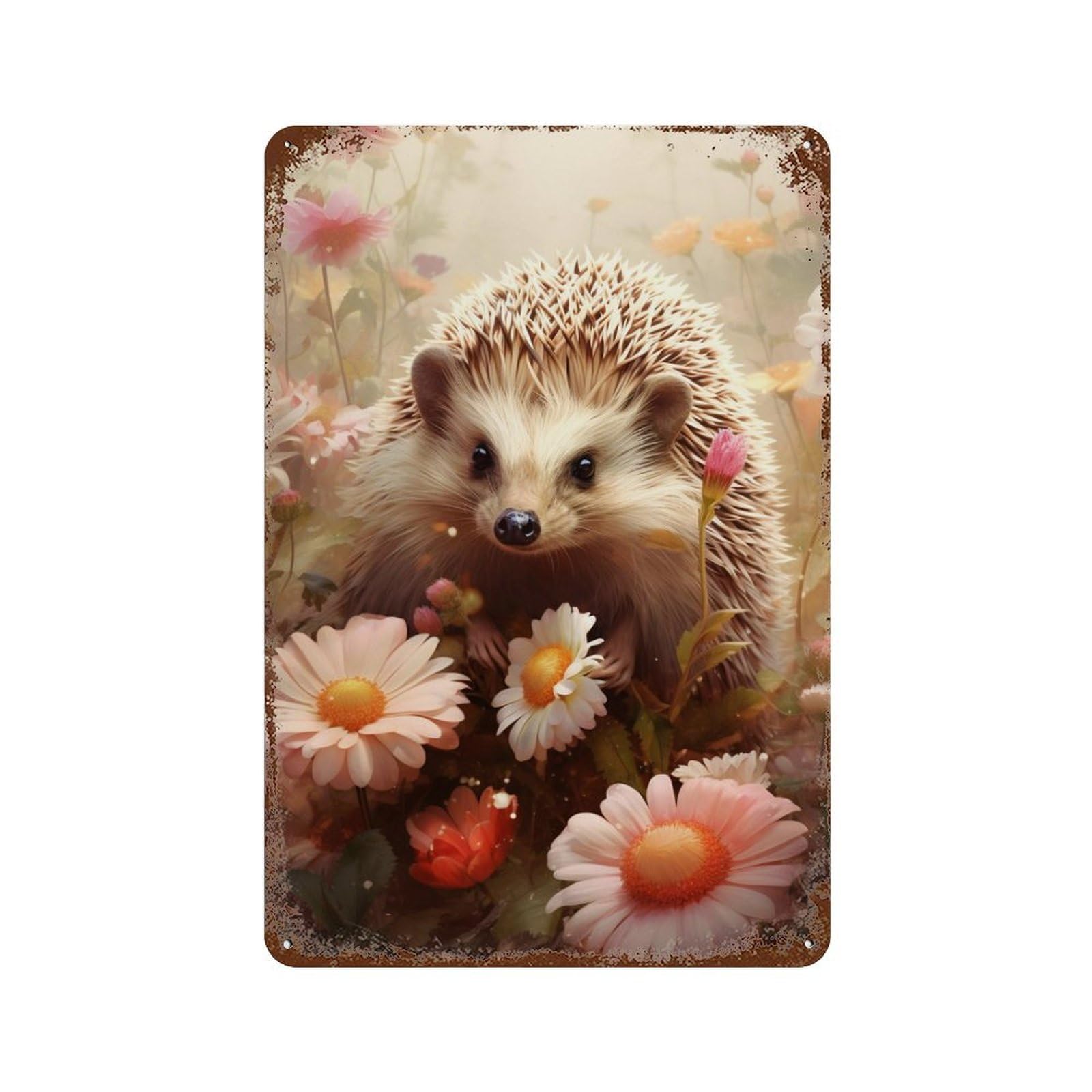 Hedgehog in Flower Garden Retro Metal Sign 11.8"x7.9", Vintage Wall Decor for Bistro, Counter And Cafe Decor