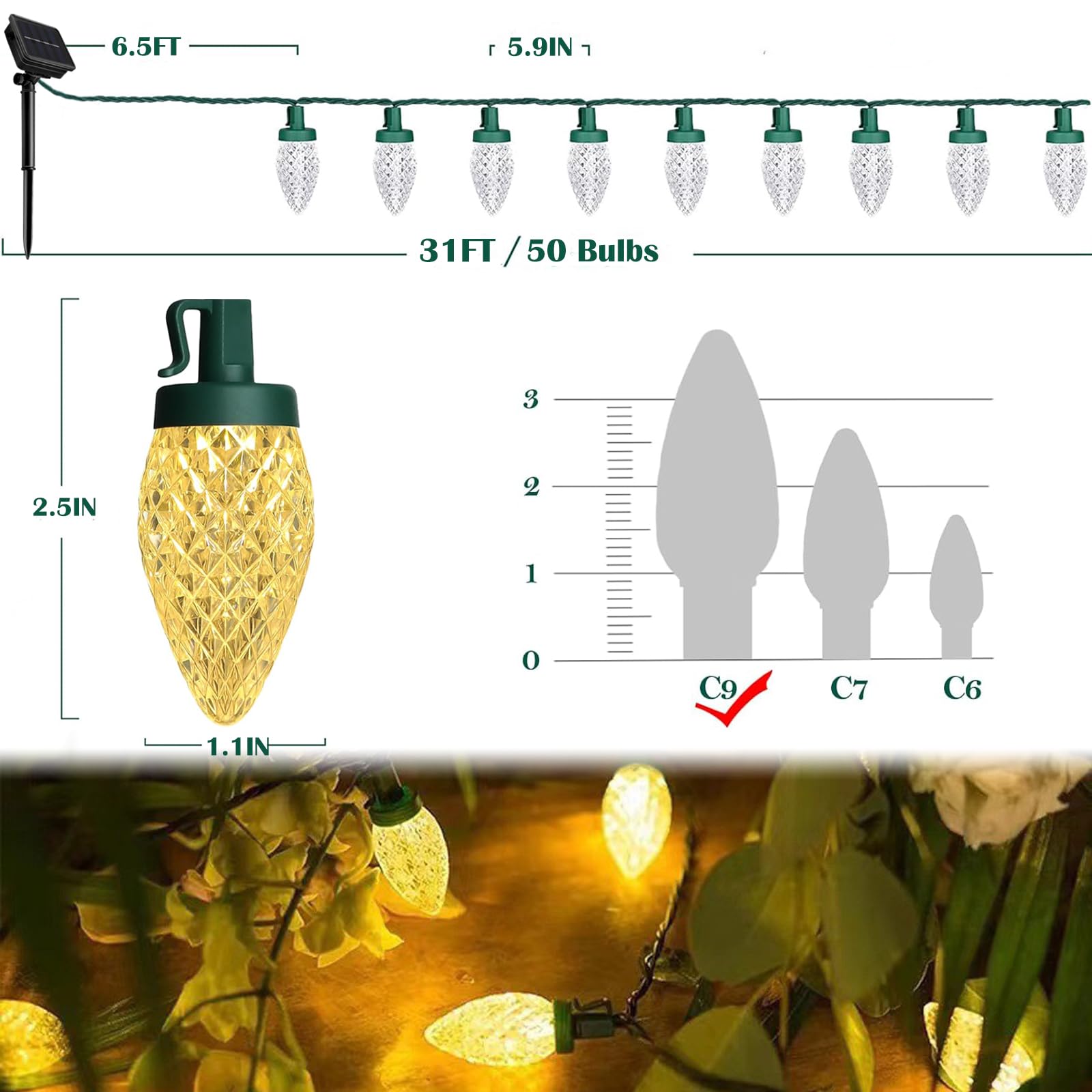 C9 - Guirnalda de luces LED de Navidad alimentadas por energía solar, 50 luces LED impermeables de fresa con 8 modos de iluminación de alambre verde para decoración de patio exterior, boda