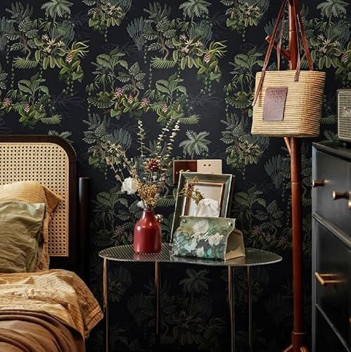 Vista 38 de Ismoon Papel tapiz verde para despegar y pegar, diseño bohemio floral y hojas en papel adhesivo grueso, papel adhesivo botánico oscuro, extraíble