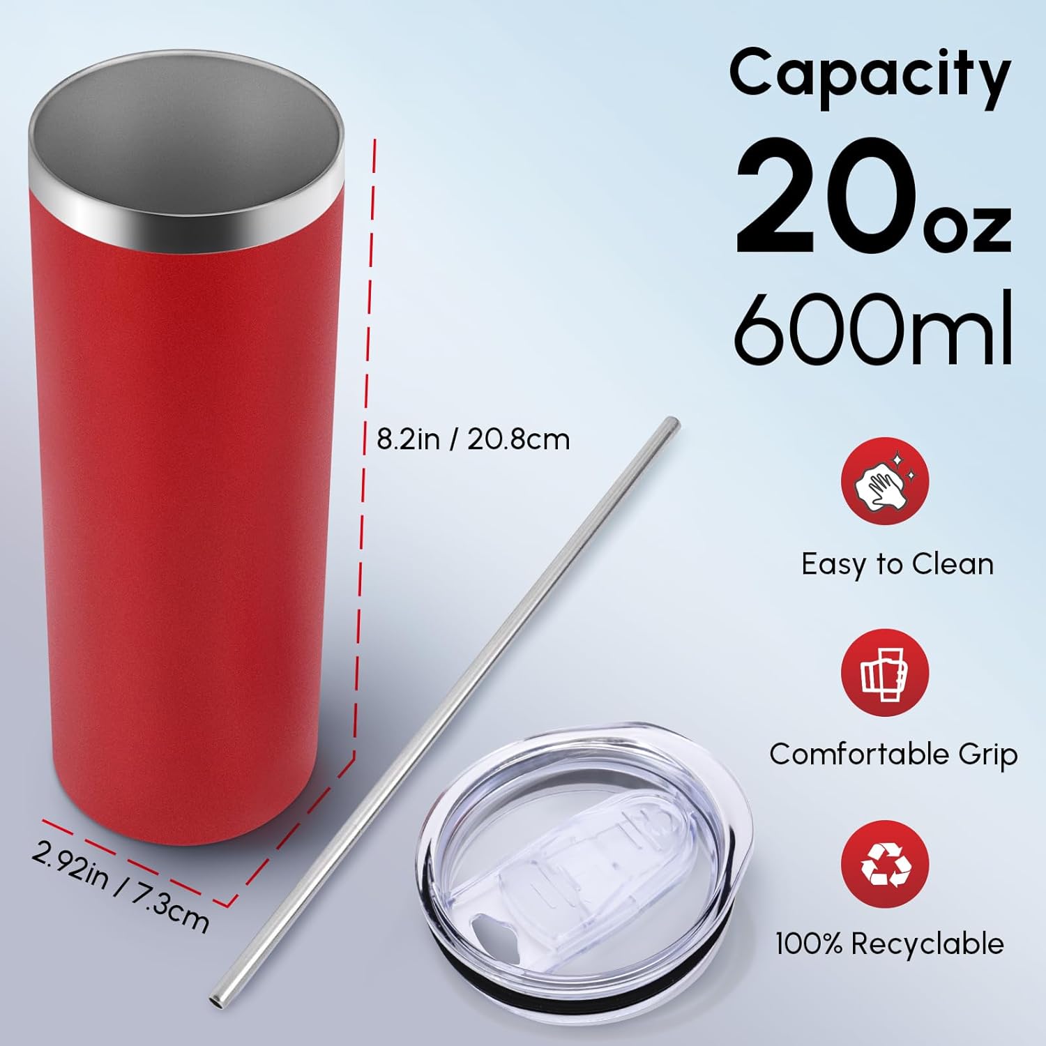 Volhoply 8 Pack Skinny Tumblers with Lid and Straw, 20oz Stainless Steel Straight Tumbler Bulk, Vacuum Insulated Coffee Mug for Home, Office, Travel, DIY (Red,8 Pack)