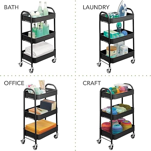 Miniatura 3 de mDesign Carritos de almacenamiento de metal con ruedas de 3 niveles, carrito organizador para baño, cocina, lavandería, oficina y habitaciones de