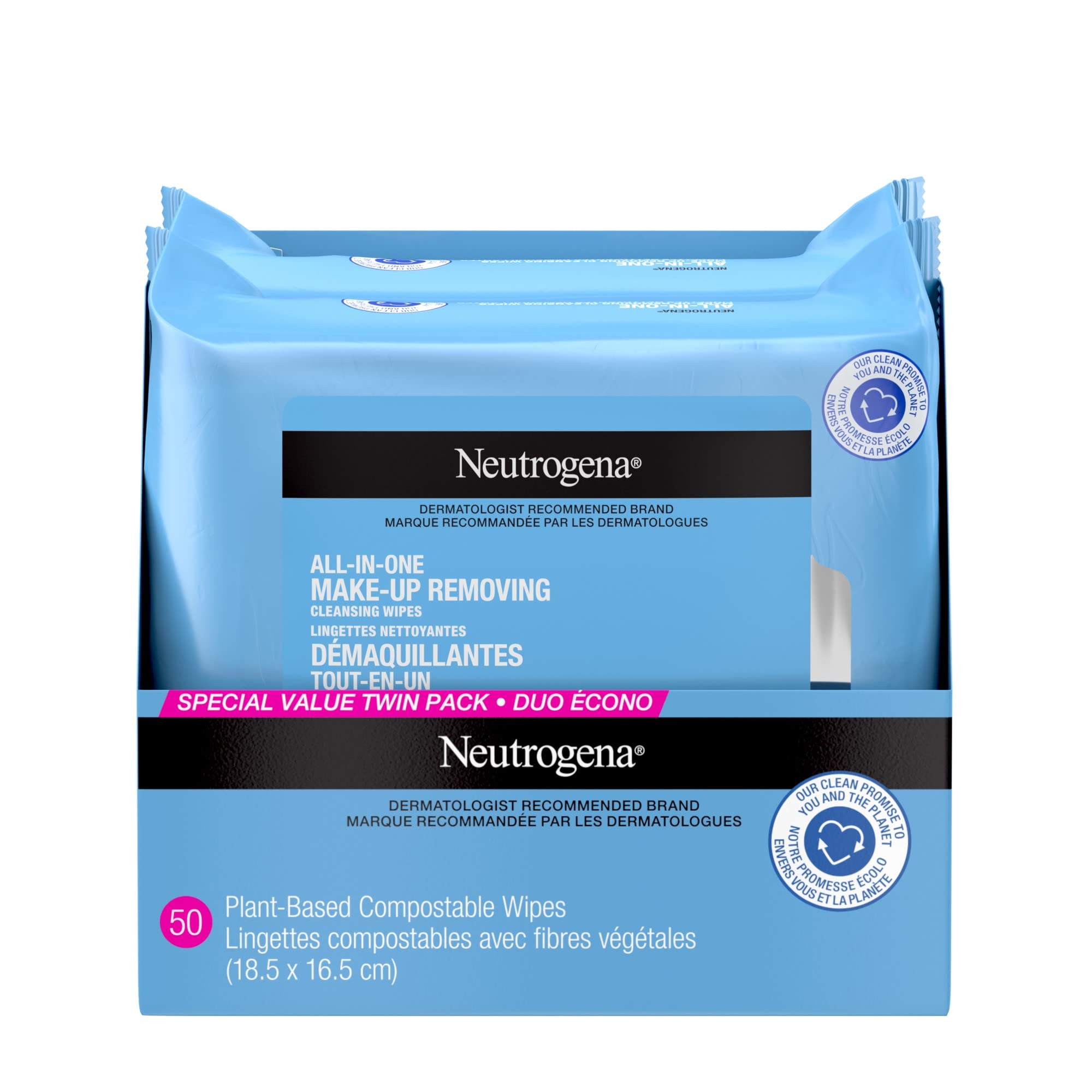 Neutrogena All-in-One Makeup Removing Cleansing Wipes - Gentle Cleansing Towelettes Remove Make-up & Waterproof Mascara - Plant-Based, Alcohol-Free Formula for Sensitive Eye Area - Value Twin Pack, 50 Count - 2