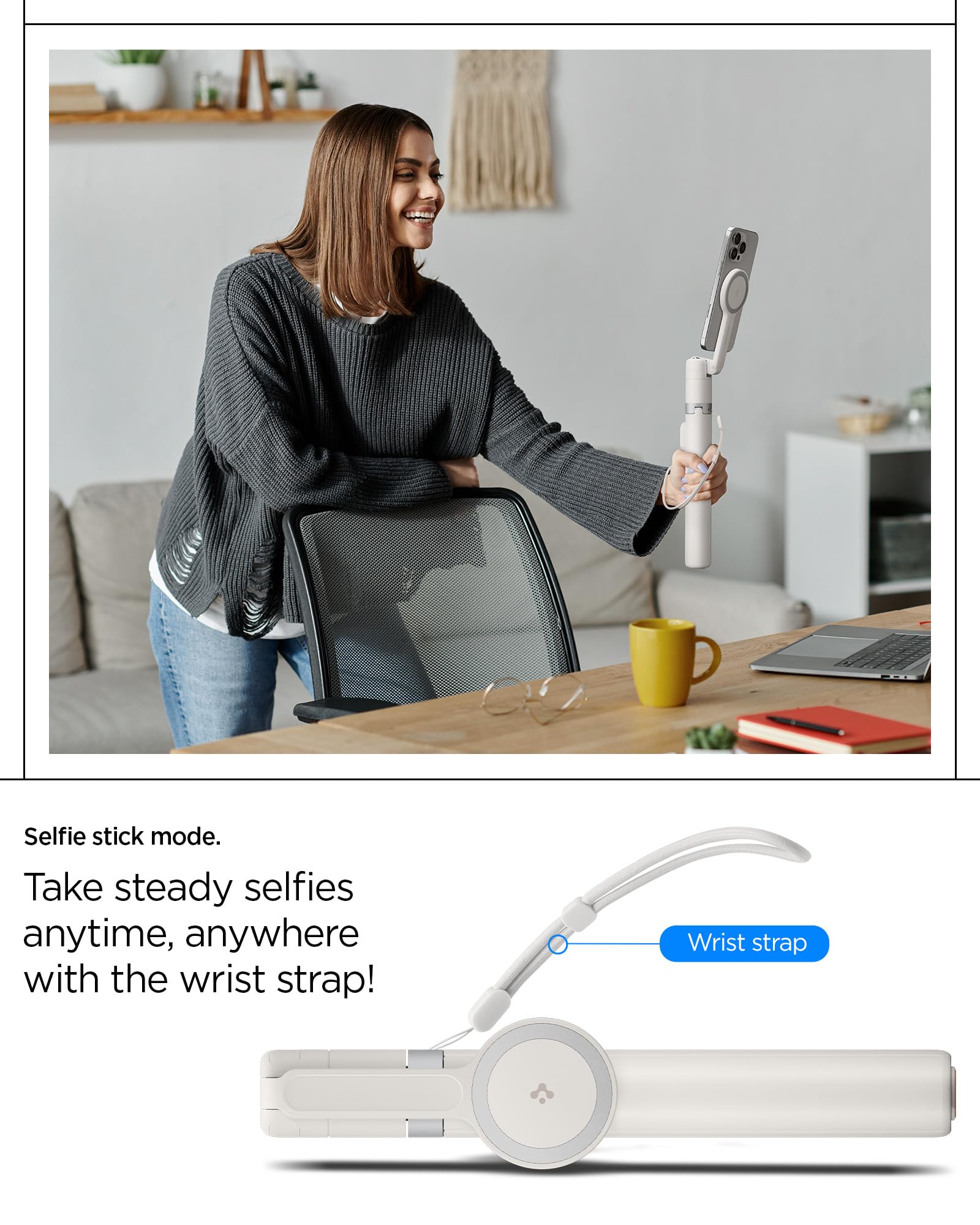 Spigen Trípode One Push S581W, Palo para Selfies de 168,5 cm con Apertura automática, Compatible con MagSafe, Bluetooth 4.2 Compatible con iPhone, Galaxy, Pixel, Xiaomi, OnePlus y más - Dune Beige