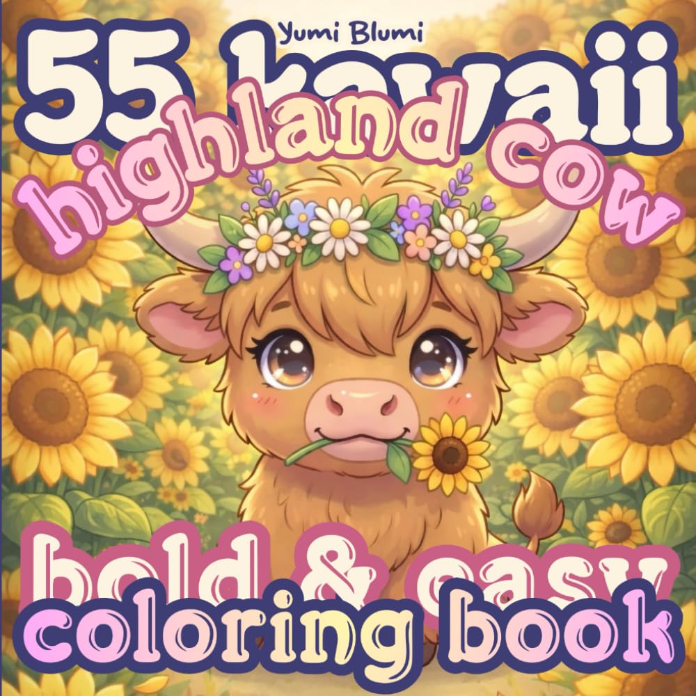 Kawaii Highland Cow Coloring Book: 55 Bold and Easy Scottish Cow Designs for Kids and Adults. Simple and Adorable Illustrations for Stress Relief and Relaxation. (Kawaii Coloring World)