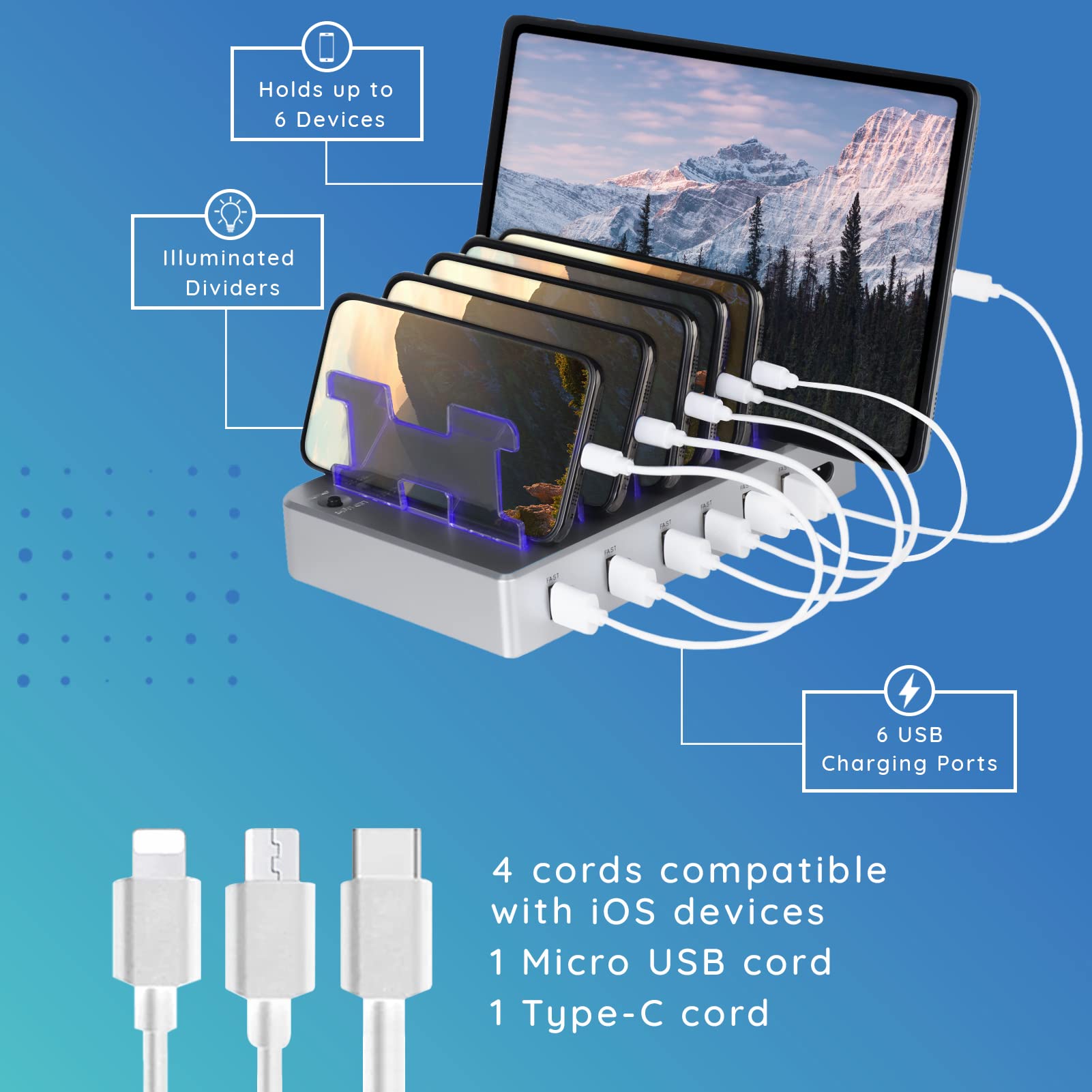 Estación de carga para múltiples dispositivos, cargador rápido USB de 6 puertos con 6 cables mixtos, base de carga multidispositivo para iPhone, iPad, teléfonos Android, tabletas, Kindle (plateado