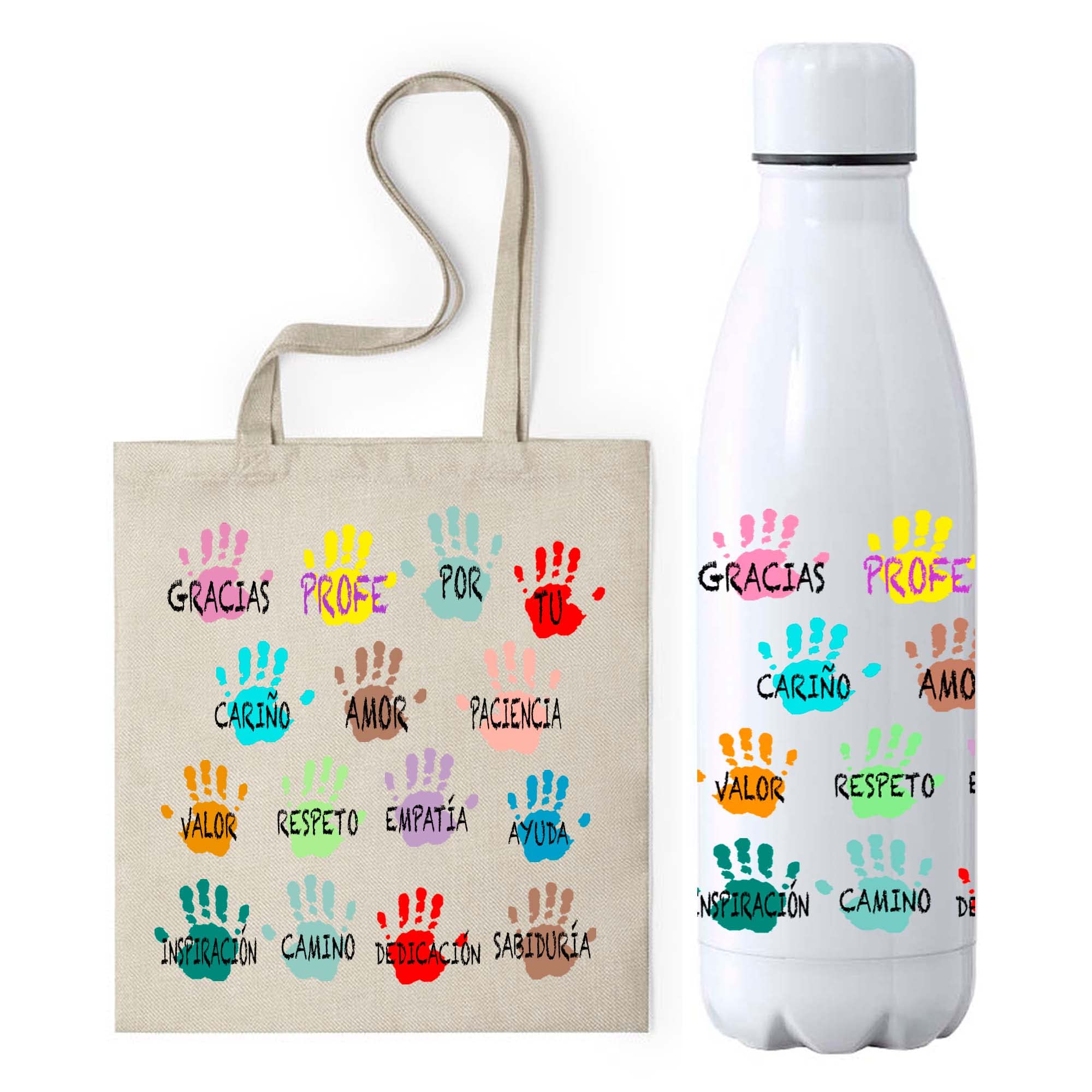 PACK Regalo para profesores PERSONALIZADO, botella de manitas, bolsa de tela de manitas personalizada, taza de manitas, Pack profesor, profesora infantil
