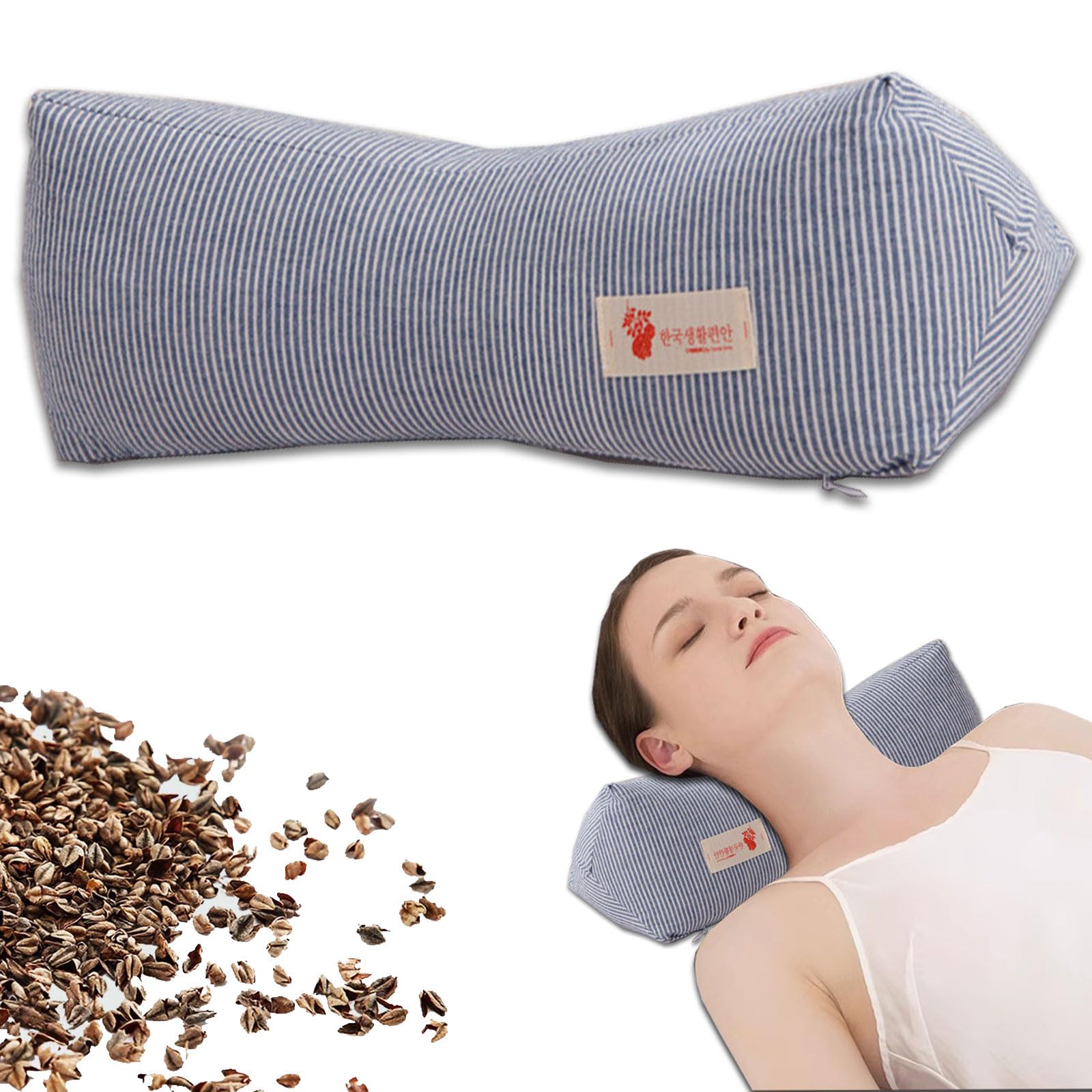 Neck & Cervical Pillows,Buckwheat Pillow ，Neck Support Pillow Cervical Neck Roll Bolster Pillow，Neck Pain Relief for Back and Side Sleepers Round Pillows (Blue)-image-10