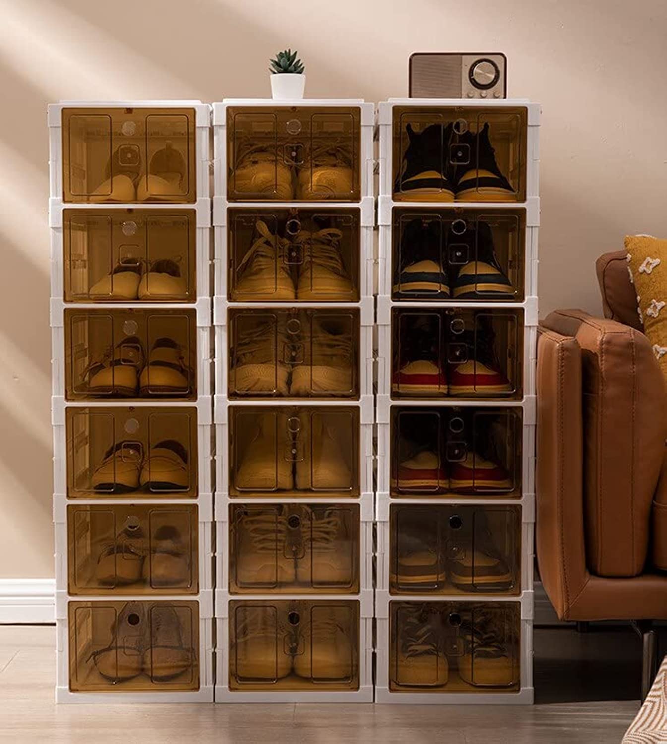 Transparent Installation-Free Shoe Box, Shoe Storage Boxes, Shoe Organizer Containers with Lids, Plastic Stackable Shoebox, Drawer Type Front Opening Shoe Holder Containers (6 PCS)