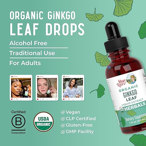 Miniatura 8 de Gotas líquidas de hojas de ginkgo orgánico USDA de MaryRuth's Hierba tradicional Nootrópico, Neuroprotector Uso tradicional para la salud