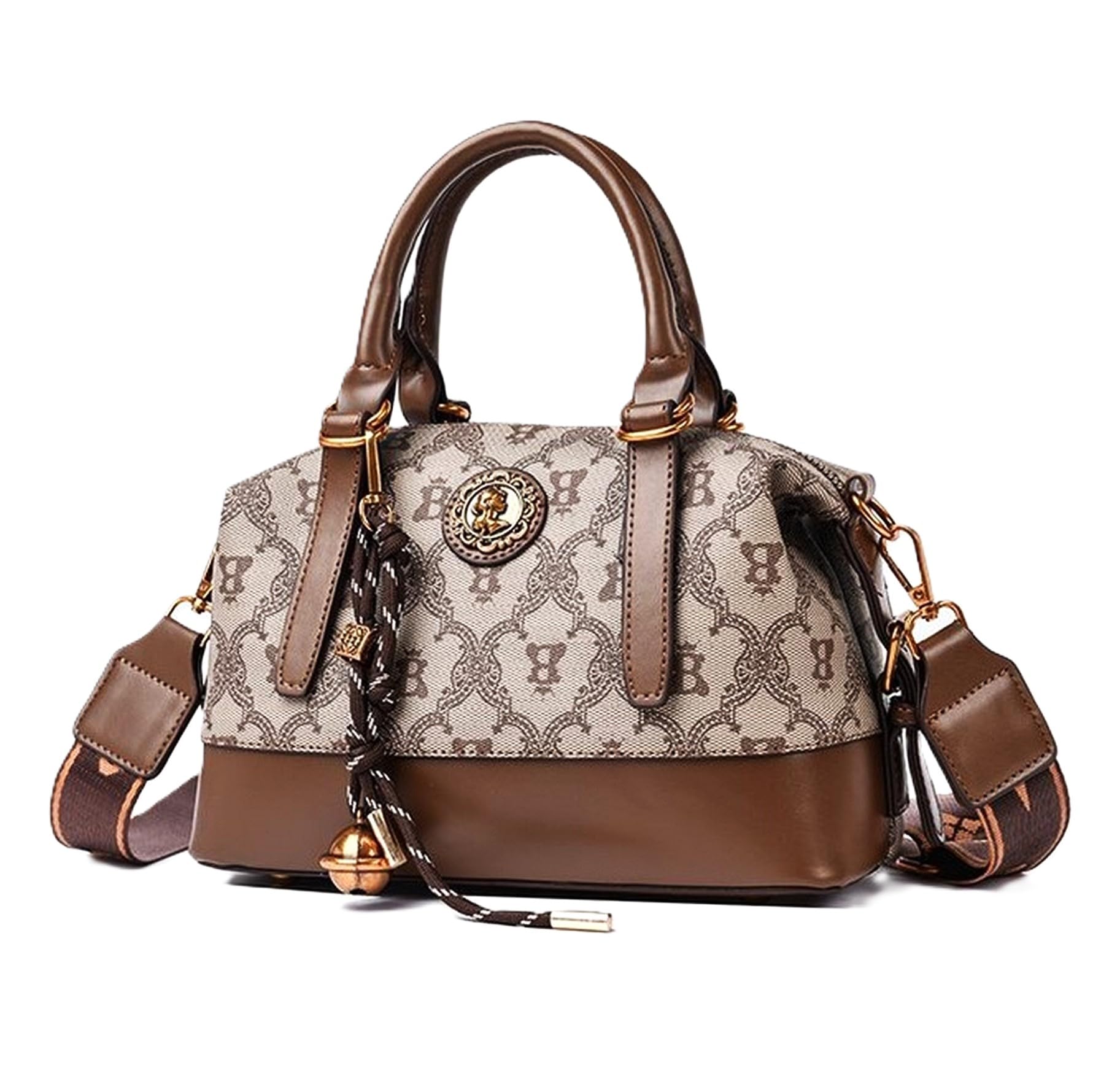 Designer Handbag, Monogram Pattern, Brown Leather Trim, Gold Hardware, Shoulder Strap-image-42