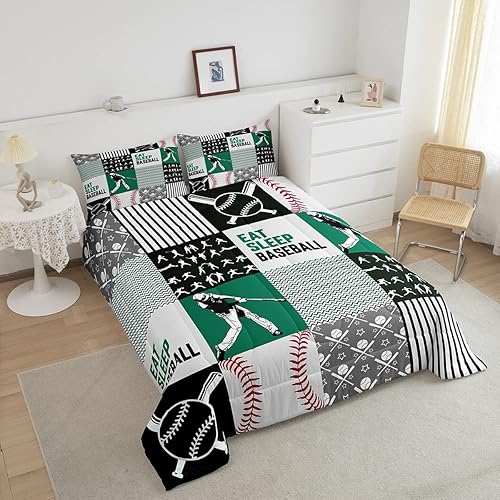 Miniatura 3 de Erosebridal Ropa de cama de béisbol tamaño matrimonial, juegos de edredón de jugador de béisbol para adolescentes y adultos, edredón de retazos de