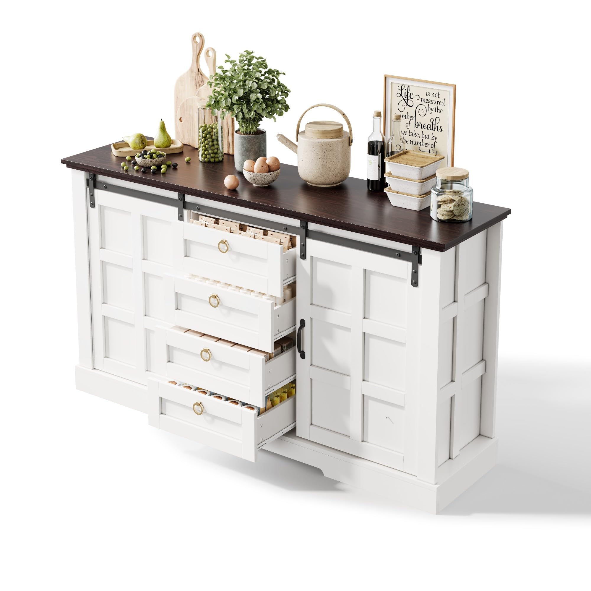 BTM Sideboard mit Stauraum und Schiebetüren Küchenschrank Kommode Landhausstil Sideboard Wohnzimmer Buffetschrank Weiß