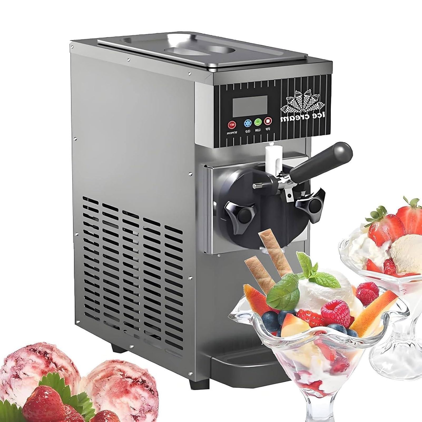 PioMue Single Flavor Soft Serve Ice Cream Machine, Soft Ice Cream 4-5 kg/Hour, Commercial Ice Cream Machine, LCD Display for Restaurants and Bars StainlessSteel
