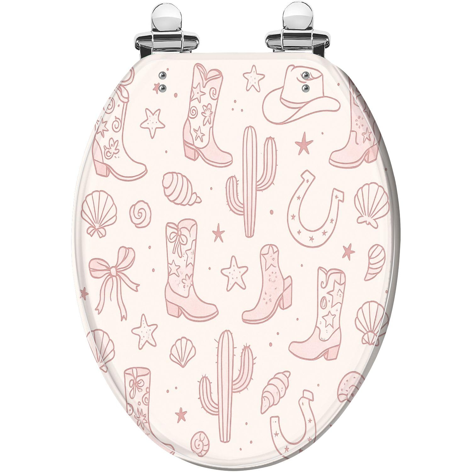 Elongated Toilet Seat Pink Coastal Cowgirl Seamless Pattern Western Beach Girly Cowboy Resin Toilet Seat Quietly Close Quick Release Hinges with Cover Bumpers Decorative Easy to Install Clean