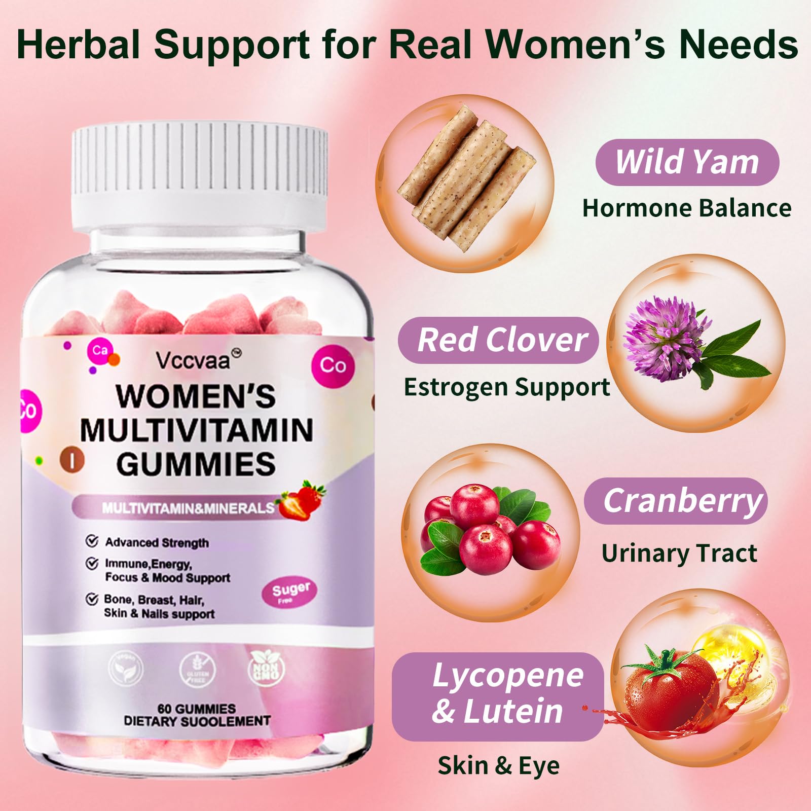 Sugar Free Multivitamin Gummies for Women 14+ with Iron, Inositol, Folate, Vitamins A C D3 E B12 K2, Herbal & Mineral Blend, Daily Vegan Gummy for Hair, Skin, Energy, Immune Support – 60 Count