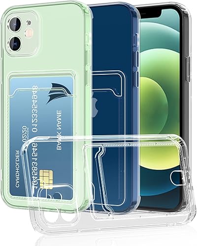 SineOrdo Funda para iPhone 12, funda transparente para iPhone 12 con tarjetero a prueba de golpes, delgada, compatible con iPhone 12, transparente