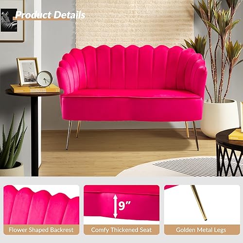 Miniatura 304 de HULALA HOME Moderno sofá biplaza de terciopelo con respaldo en forma de flor, cómodo sofá tapizado de 2 plazas con patas de metal dorado, sofá