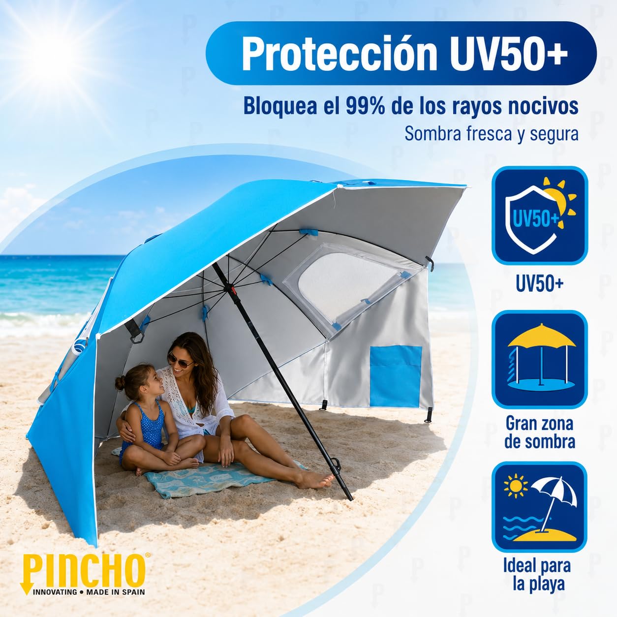 Parasol plażowy 220 cm - PINCHO - przenośny namiot plażowy, wiatroszczelny parasol plażowy UV50 z oknami, śledziami i tensorami, 3 pozycje, torba transportowa w zestawie, kompaktowa