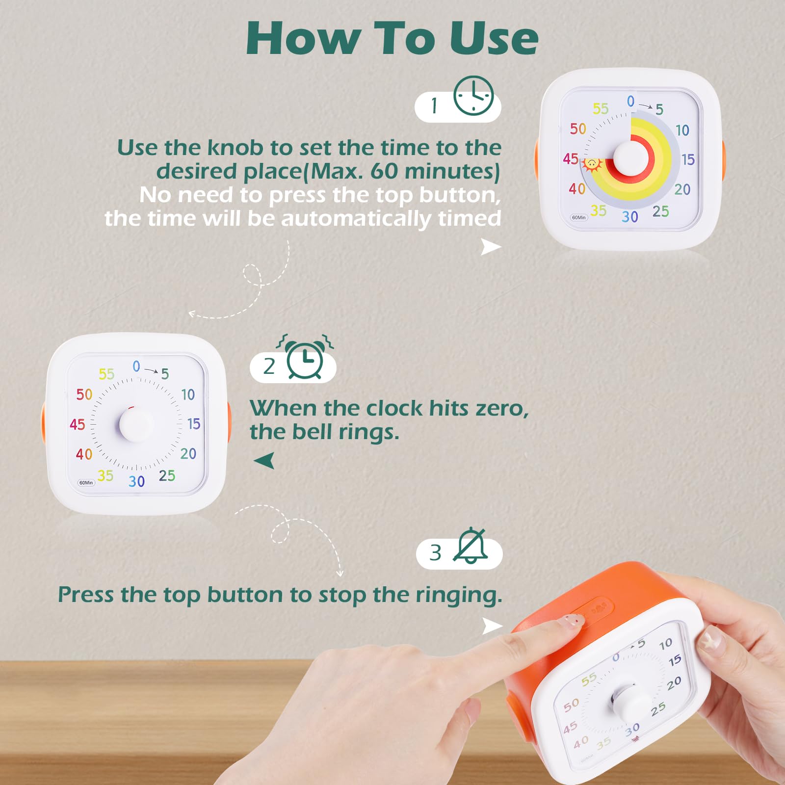 Timer Visivo Ricaricabile Con Schermo Rotante – 8 Angoli, Sensore Di Gravità – Conto Alla Rovescia 1-90 Min – Grigio - 4